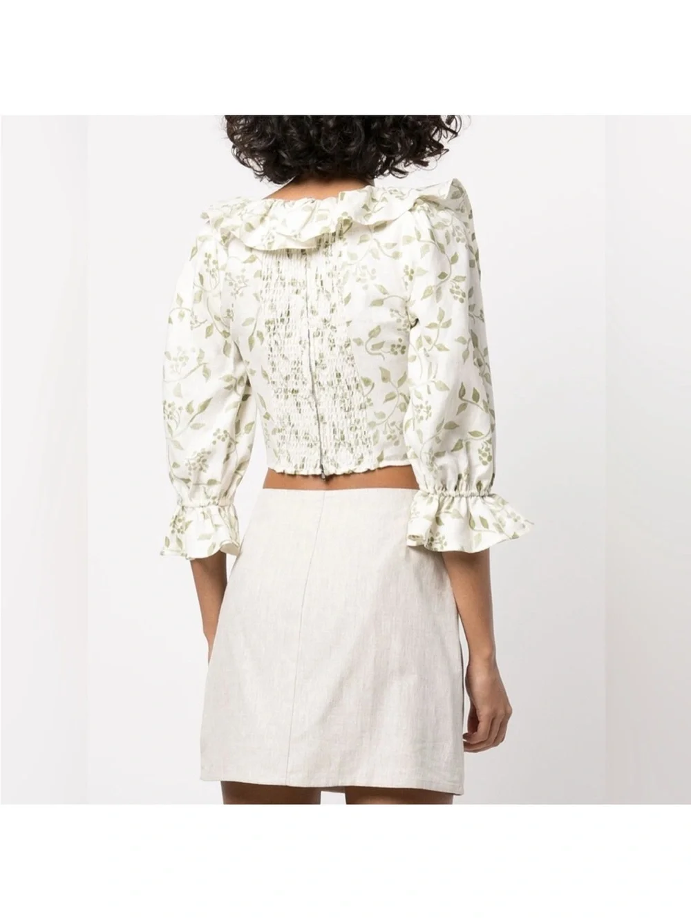 Reformation Edgewater Linen Botanical Floral Ruffle Puff Sleeve Top Size 0
